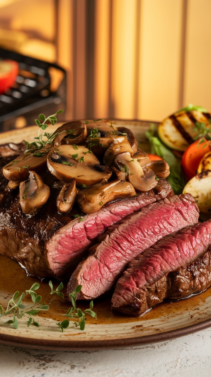 Grilled T-Bone steak with mushroom sauce and caramelized onions on a rustic plate.